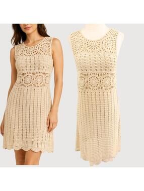 ASTR Maya Crochet Lace Knit Dress Cream Sleeveless Size S